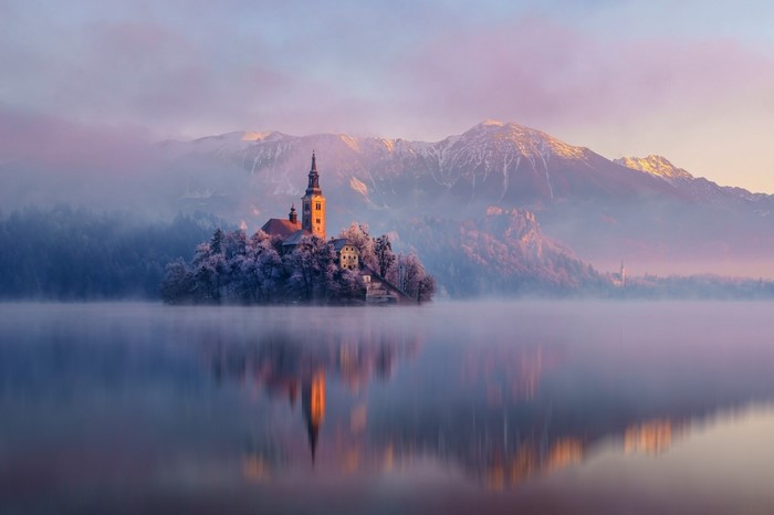 Church on Island in Lake Bled, Slovenia at Sunrise