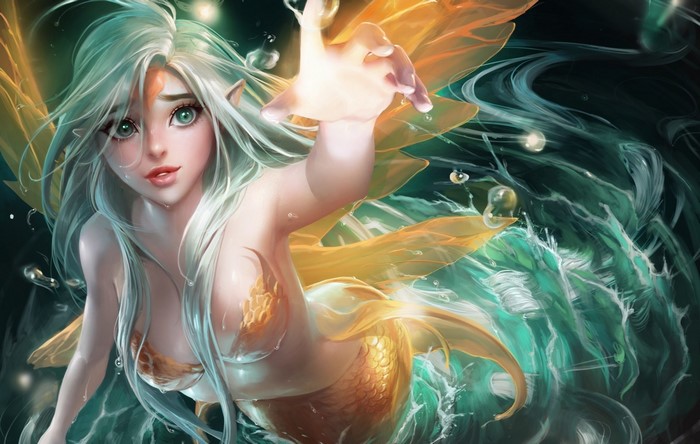 Fantasy art of a mermaid with flowing hair and golden tail