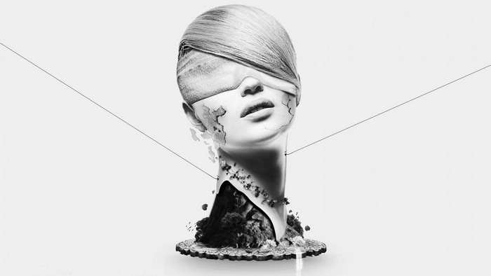 Monochrome artwork of a blindfolded woman's head