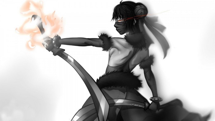 Anime artwork of a warrior with a flaming sword