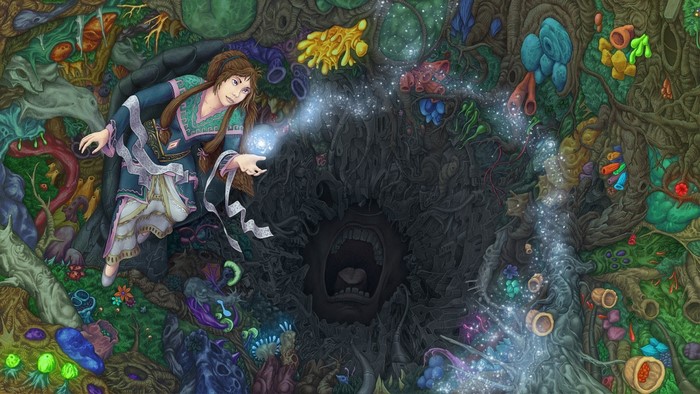 Girl casting magic into a dark, monstrous hole in a psychedelic jungle