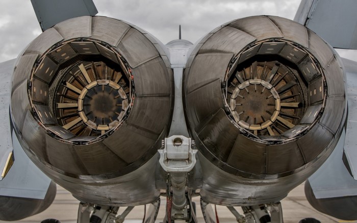 Rear view of twin jet engines of a McDonnell Douglas F/A-18 Hornet