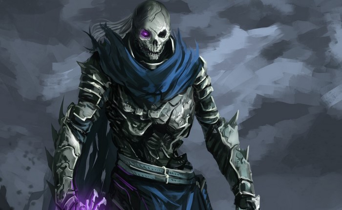 Skeleton warrior in armor with purple magic