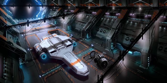 Spaceship in a futuristic hangar bay