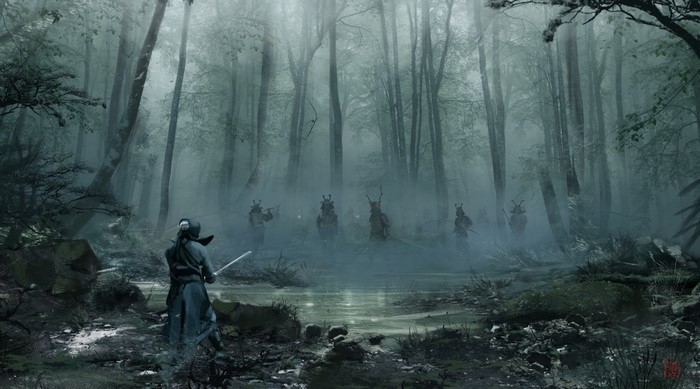 Samurai warriors in a misty forest swamp