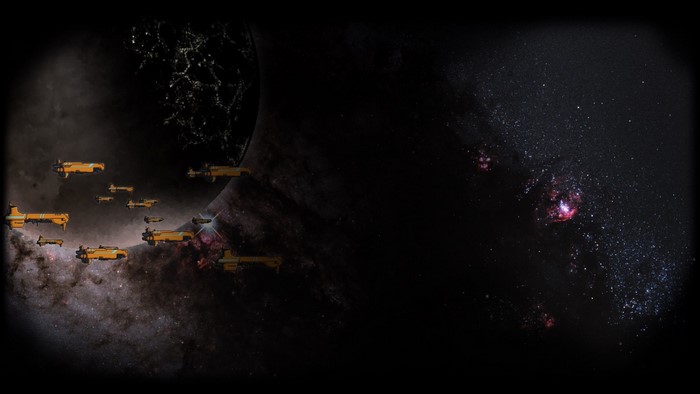Fleet of yellow spaceships near a planet and nebula