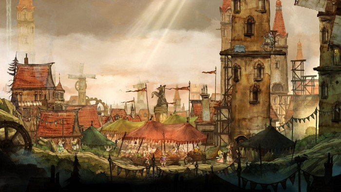 Fantasy cityscape with market stalls and windmills
