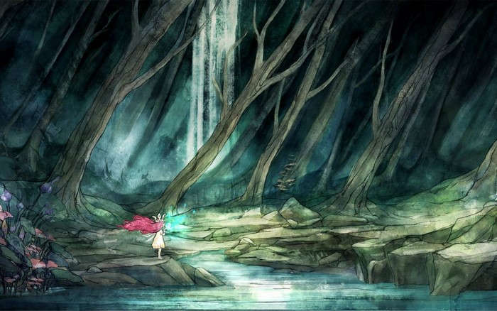 Child of Light screenshot of a girl in a forest