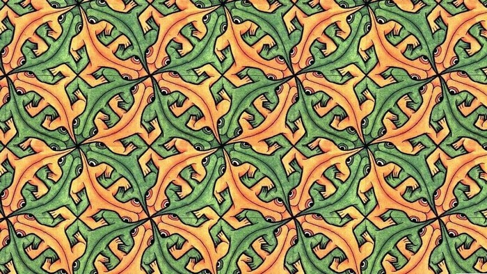 M.C. Escher tiling pattern of green and orange lizards