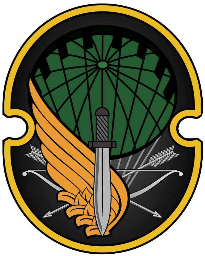 Military emblem with sword, wings, bow, and arrows