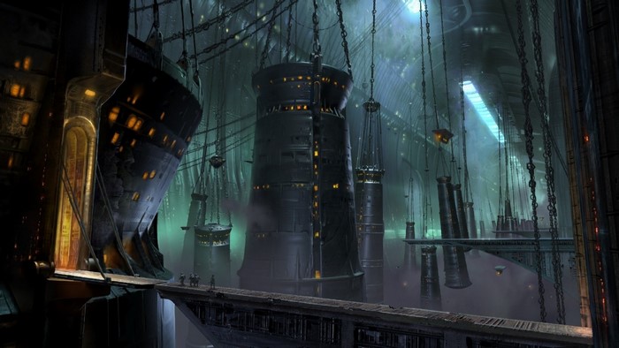 Science fiction city with towers and chains