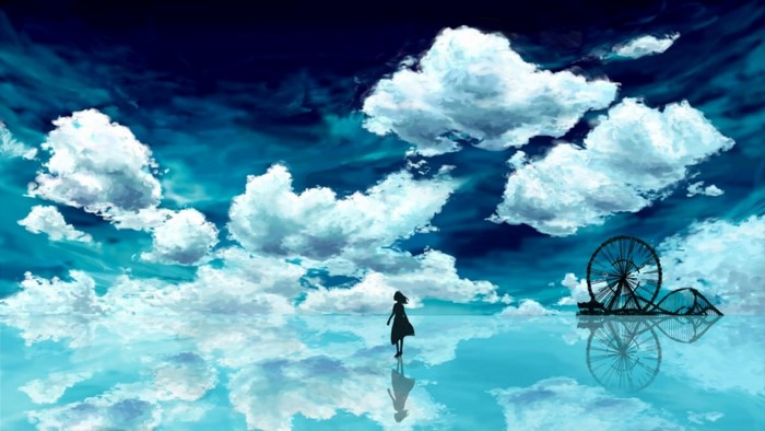 Girl standing on reflective surface with clouds and Ferris wheel