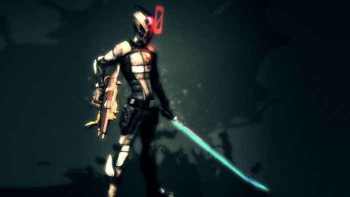 Zero from Borderlands 2 with a sword and gun