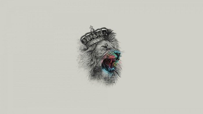 Lion wearing a crown with colorful mouth