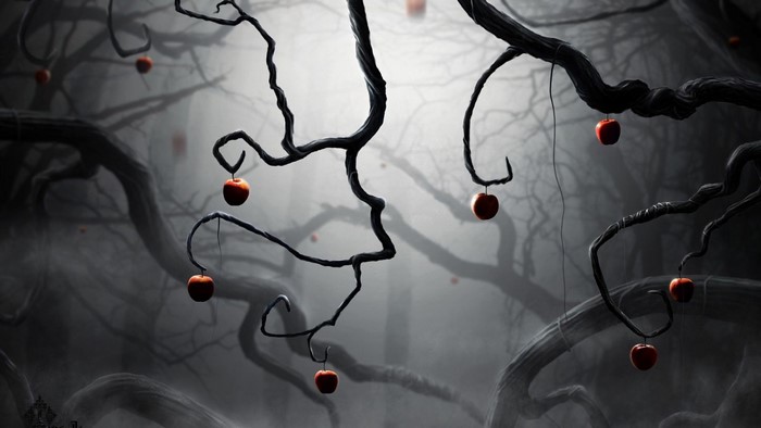 Dark fantasy art of bare trees with apples