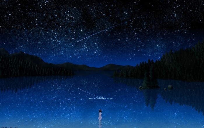 A girl watches a shooting star over a lake at night