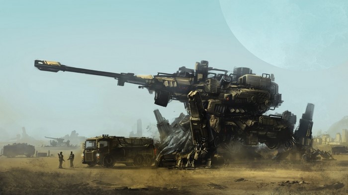 Giant mech weapon system with support truck and soldiers