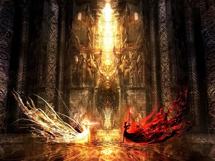 Fantasy art of two figures clashing with light and shadow