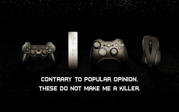Video game controllers and mouse with text