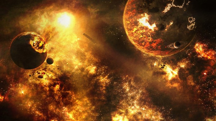 Exploding planets in a fiery nebula