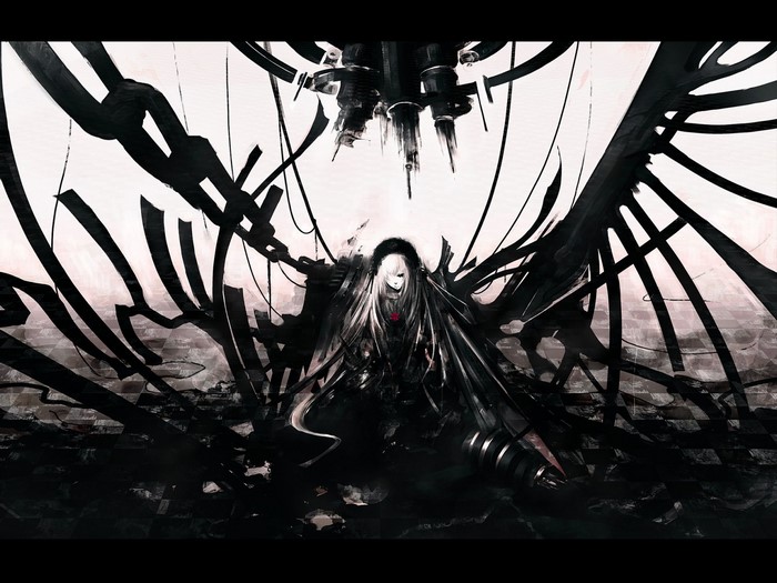Dark illustration with mechanical wings and a figure