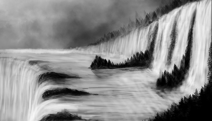 Monochrome landscape of a large waterfall with trees and mist