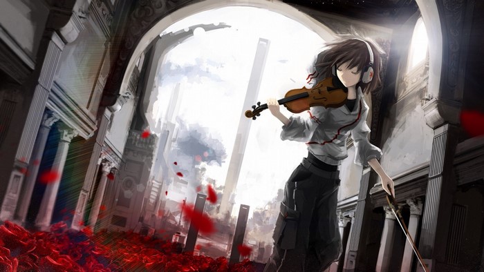 Anime girl playing violin in ruined cathedral with roses