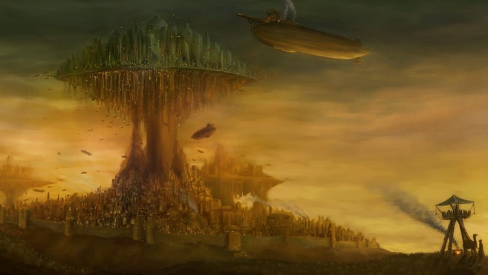 Fantasy city on a floating island with airships