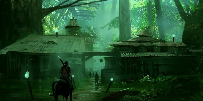 Fantasy jungle village with a rider