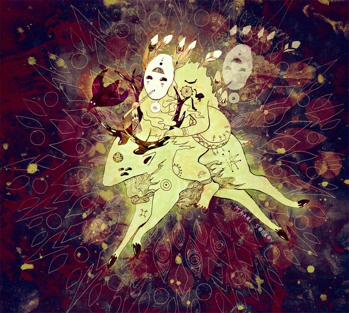 Fantasy art illustration of figures on a deer