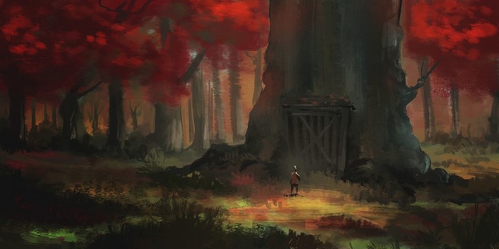 Painting of a person in a dark, red-leaved forest with a large tree