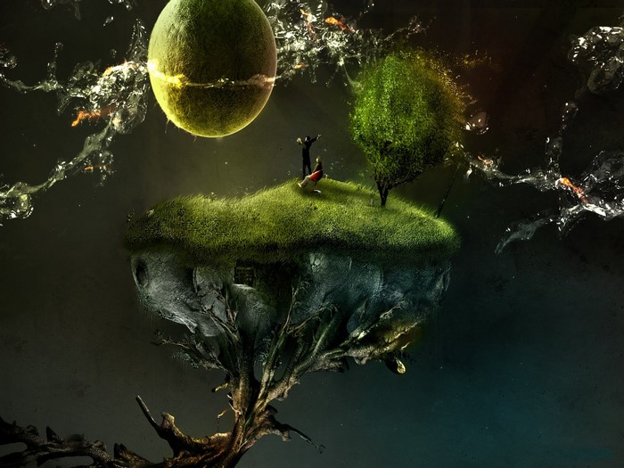 Fantasy art of a floating island with two figures