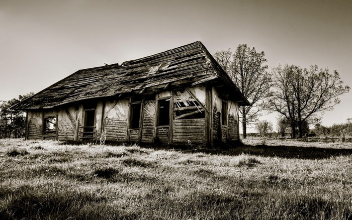 Abandoned wooden house in a grassy field
