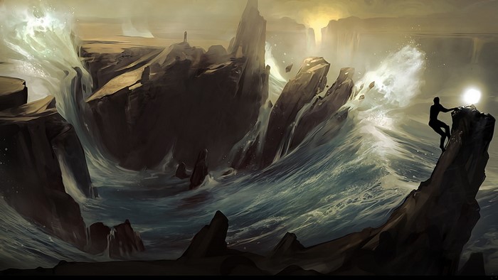 Fantasy art of a person on a rocky island with large waves