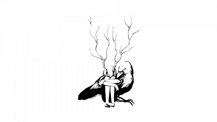 Person with branches growing from head on a bird