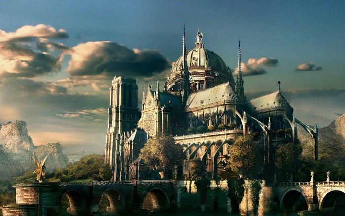 Fantasy cathedral with angel on bridge