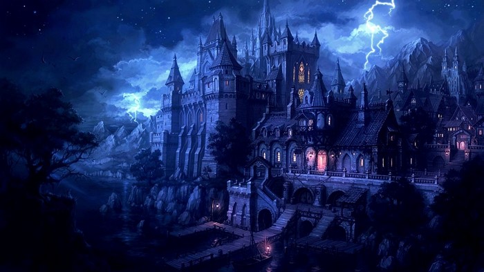 Fantasy castle cityscape at night with lightning