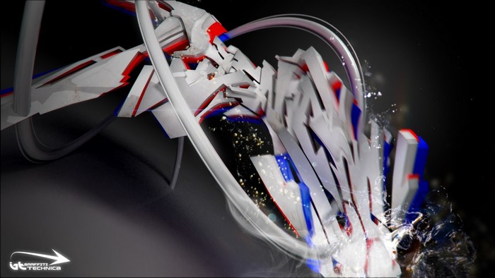 Abstract graffiti art with red, white, and blue elements