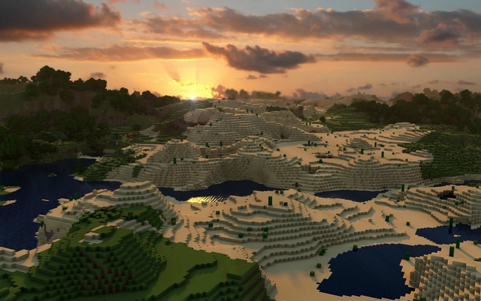 Minecraft landscape with desert hills and forest at sunset
