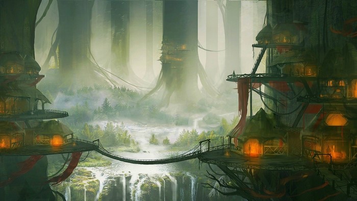Fantasy treehouse village with waterfalls