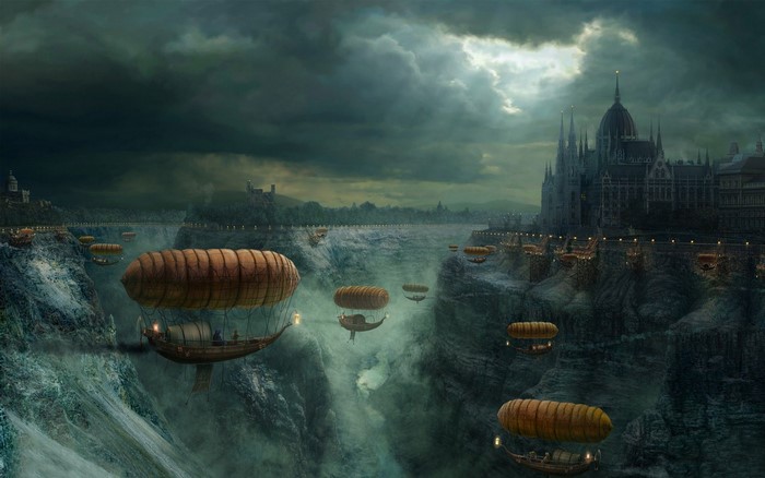Steampunk airships over a canyon city