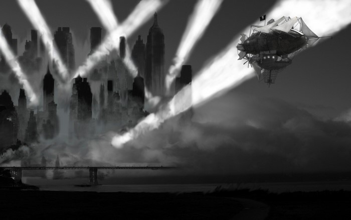 Steampunk airship over a foggy city skyline