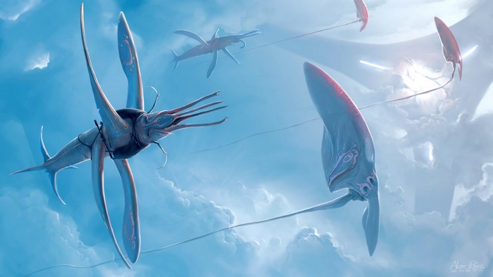 Fantasy creatures flying through clouds
