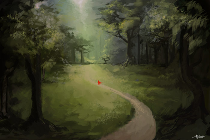 A person in a red cloak walks on a path through a forest.