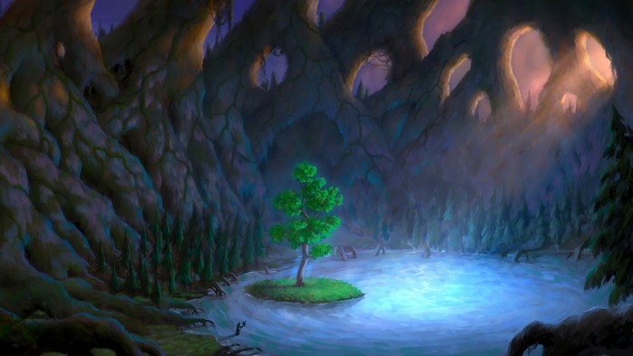 Fantasy art of a cave with a tree and a lake