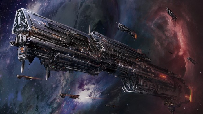 Massive spaceship and smaller ships in outer space