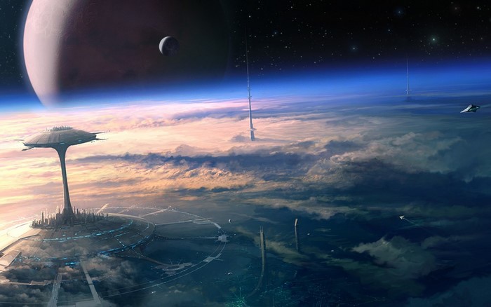 Futuristic city on a planet with a large moon