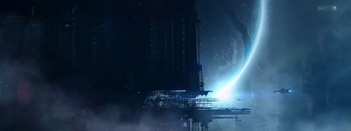 Science fiction space station with planet and spacecraft