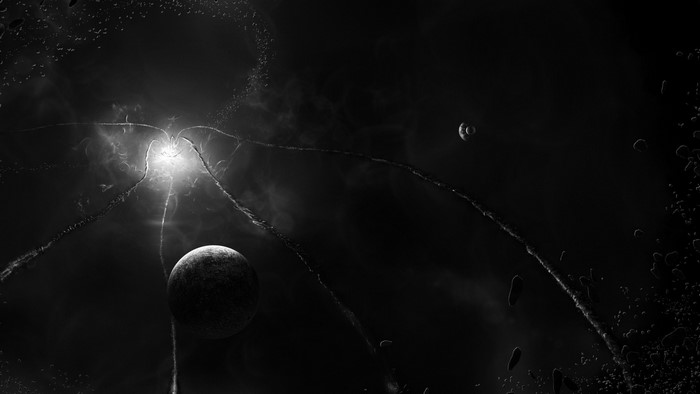 Monochrome space scene with planets and bright light