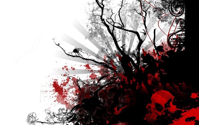 Abstract illustration of a spider on a tree with blood splatters and a skull